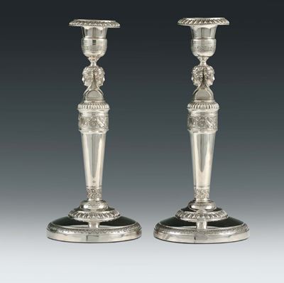 Coppia Candelieri Argento con Decori di Gusto Neoclassico, Bolli di Torino in Uso dal 1824 al 187...