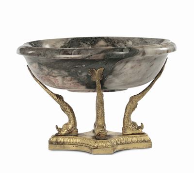 Coppa in Marmo Grigio con Base in Bronzo Dorato, XIX Secolo