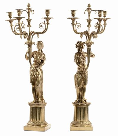 Coppia di Grandi Candelabri a Quattro Fiamme in Bronzo Dorato, XIX Secolo