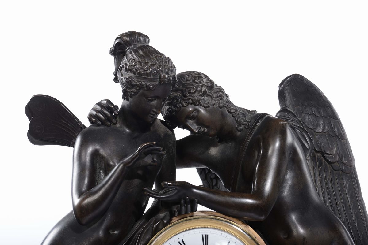 Trittico da Camino Composto da Grande Orologio Marmo e Bronzo