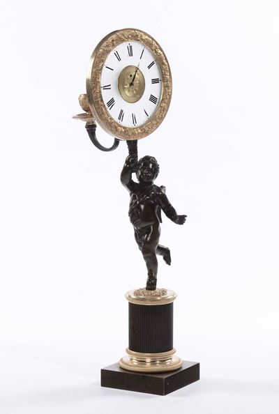 Orologio con Putto in Bronzo Brunito e Dorato, XIX Secolo