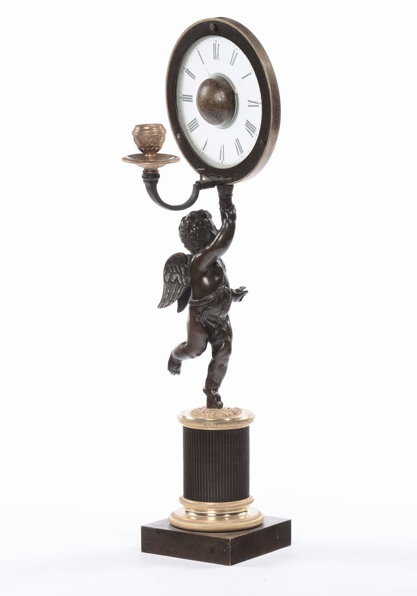 Orologio con Putto in Bronzo Brunito e Dorato, XIX Secolo