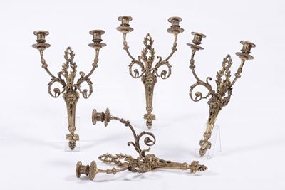 Quattro Appliques in Bronzo Dorato a Due Fiamme, XIX Secolo