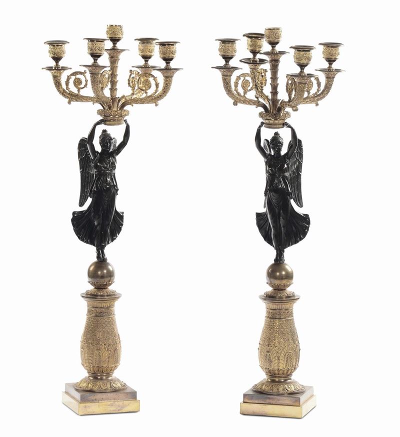 Coppia di candelabri Carlo X con figure femminili alate  - Asta Antiquariato - Cambi Casa d'Aste