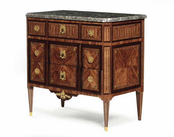 Cassettone Luigi XVI lastronato ed intarsiato, Francia XVIII secolo