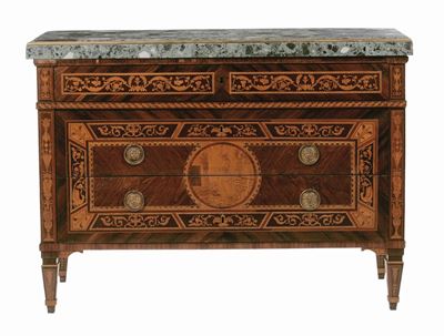 Coppia di Comò Intarsiati a Marqueterie alla Maniera di Giuseppe Maggiolini, Milano Inizi XIX Sec...