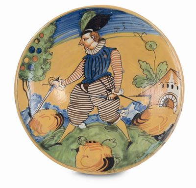 Piatto in Maiolica Policroma Decorato da Figura, Montelupo XVII Secolo
