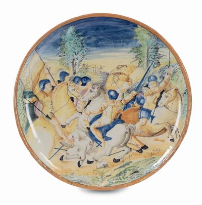 Piatto in Maiolica Policroma Decorato da Figure di Cavalieri, Pesaro XVIII Secolo