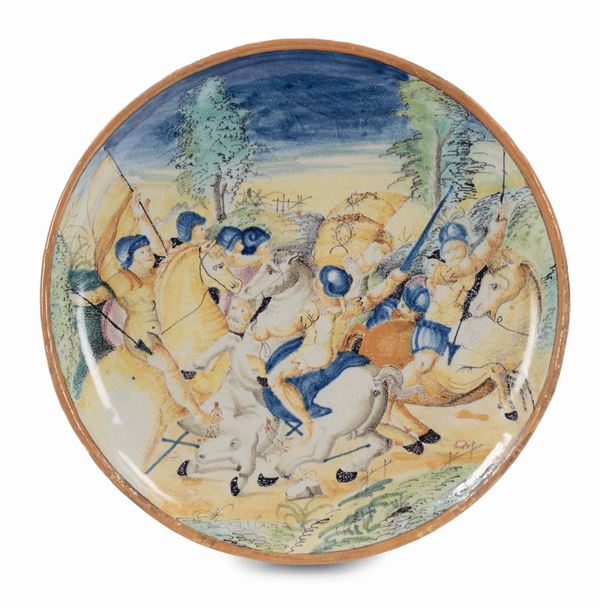 Piatto in maiolica policroma decorato da figure di cavalieri, Pesaro XVIII secolo