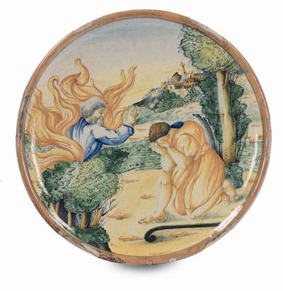 Alzatina in Maiolica Policroma Decorata da Episodio Biblico, Pesaro XVIII Secolo