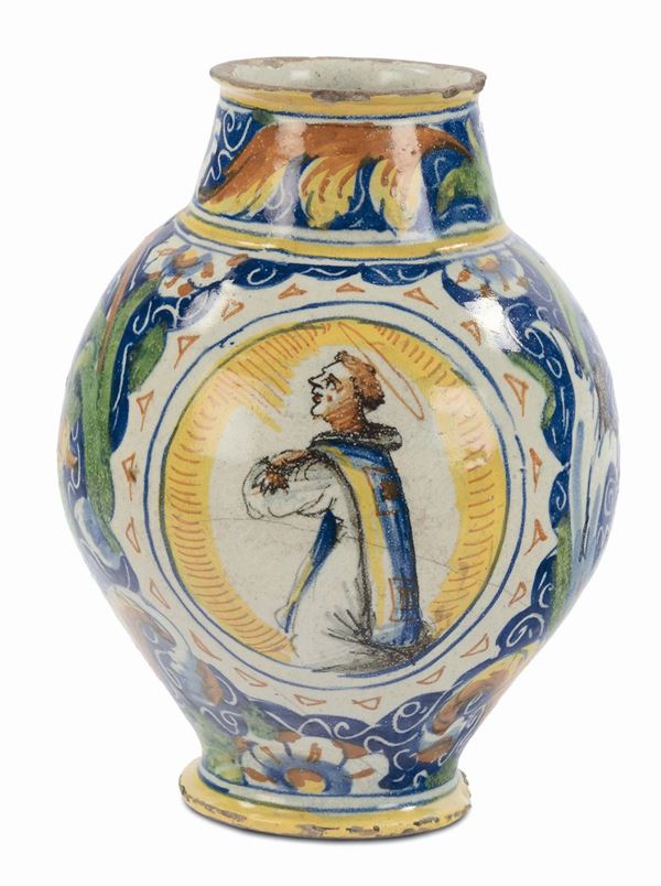 Vaso in maiolica decorato da figura di Santo, Venezia seconda metà XVI secolo