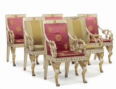 Sei Poltrone in Legno Intagliato, Laccato e Dorato, Manifattura Siciliana, 1830-1840