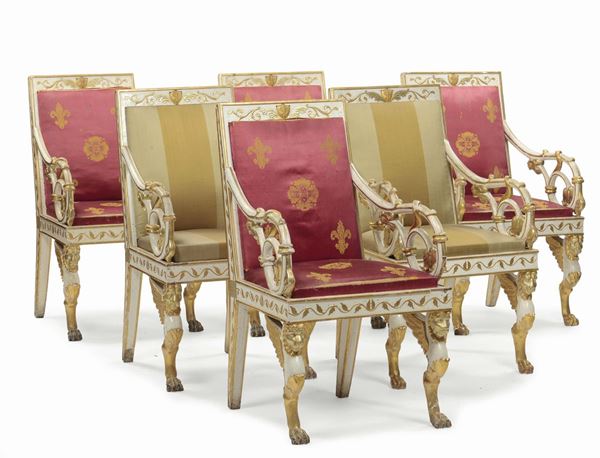 Sei poltrone in legno intagliato, laccato e dorato, Manifattura siciliana, 1830-1840