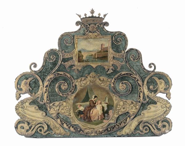 Testata di letto in ferro battuto dipinto e dorato, Napoli XIX secolo