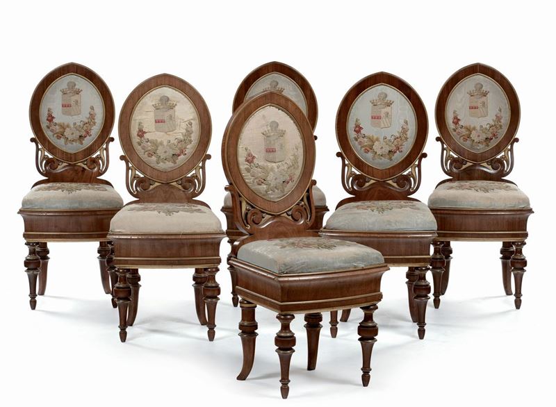 Sei sedie in noce con gambe tornite, Vienna inizio XIX secolo  - Asta Bartolozzi, Antiquari dal 1887 - Cambi Casa d'Aste