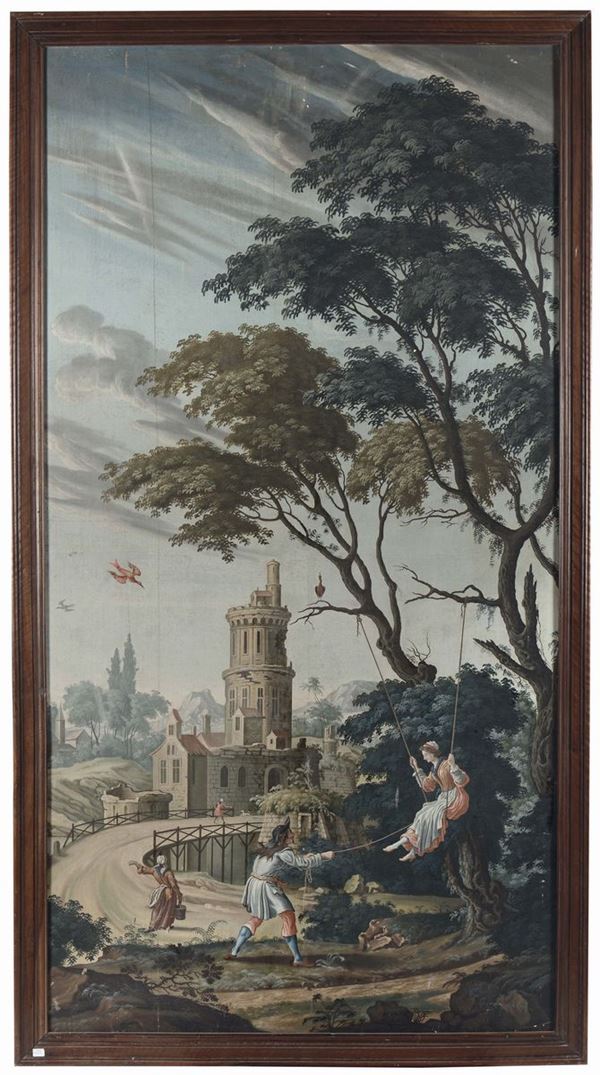 Scuola Francese o Piemontese del XVIII secolo Paesaggio con figura sull'altalena
