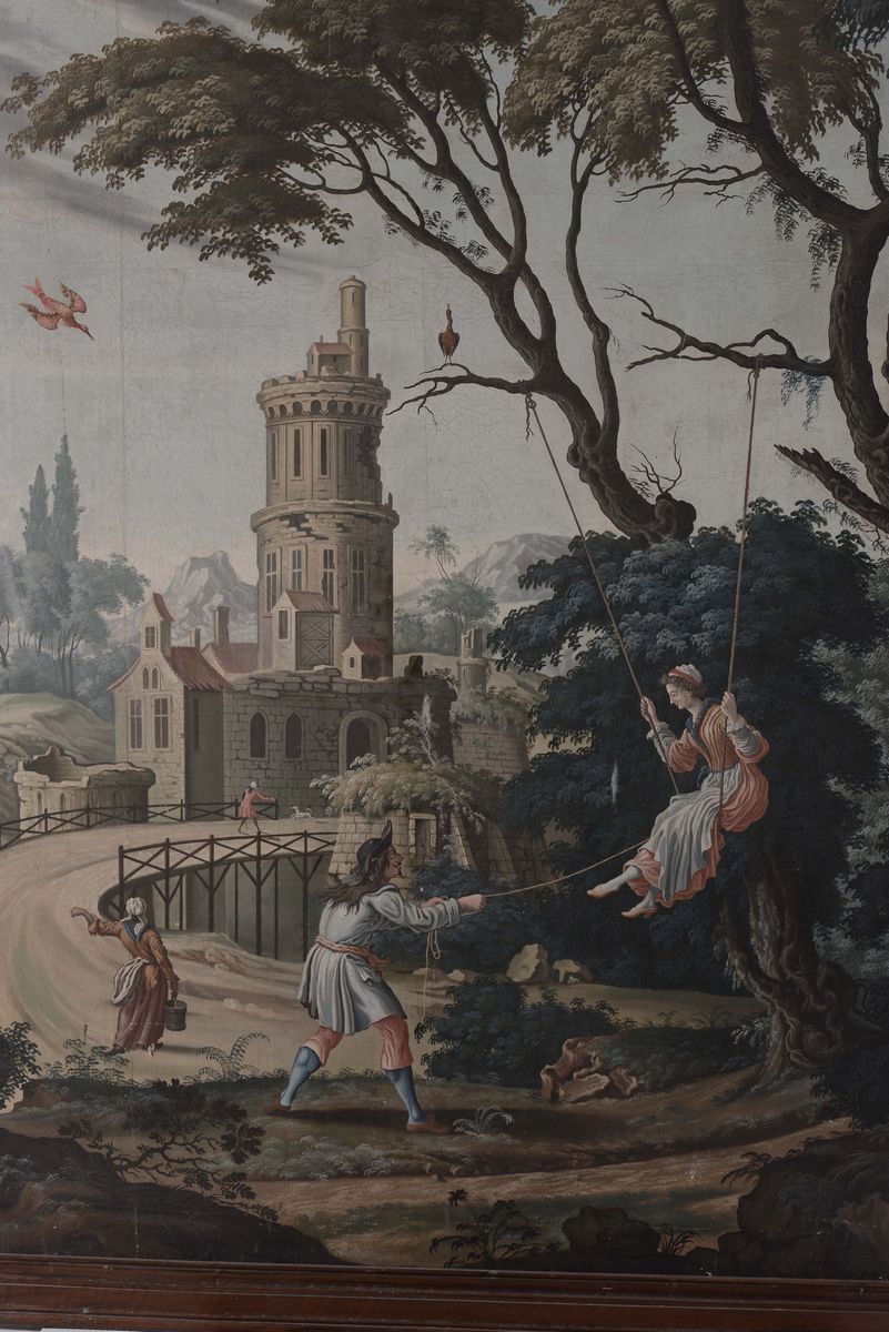 Scuola Francese o Piemontese del XVIII Secolopaesaggio con Figura Sull'altalena