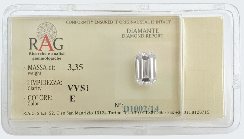 Diamante taglio smeraldo di ct 3,35; purezza VVS1; colore E  - Asta Fine Jewels - I - Cambi Casa d'Aste