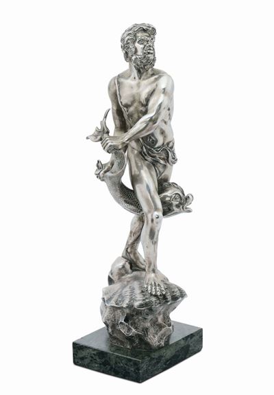 Nettuno con Tritone in Argento Fuso e Cesellato, Firma Incisa Avolio, Italia XX Secolo