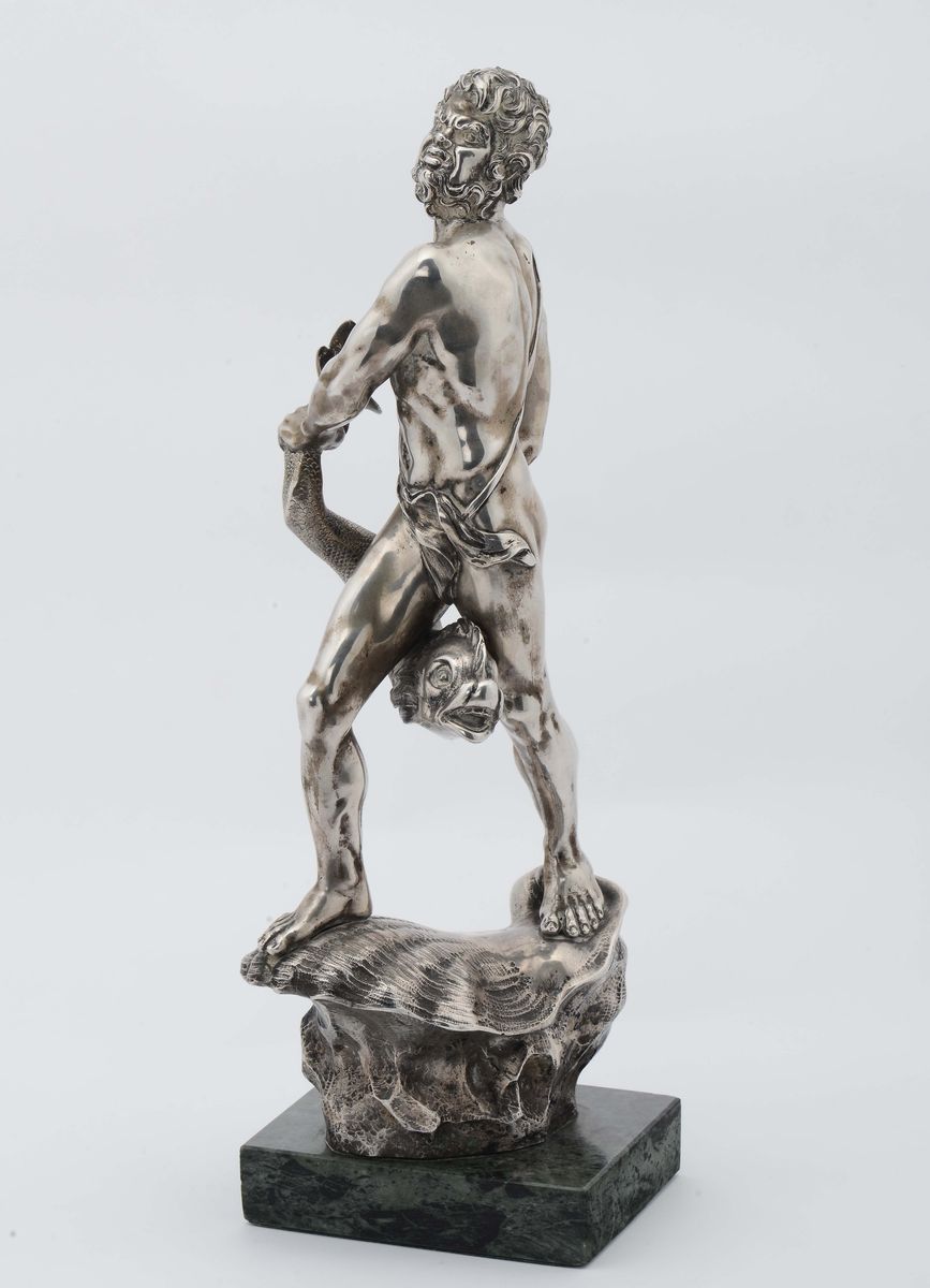Nettuno con Tritone in Argento Fuso e Cesellato, Firma Incisa Avolio, Italia XX Secolo