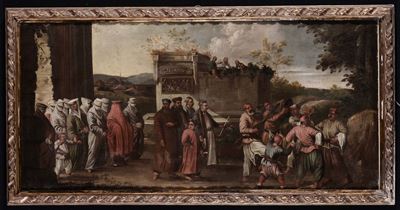 Scuola del XVIII Secoloscene di Genere con Ponte e Processione con Figure