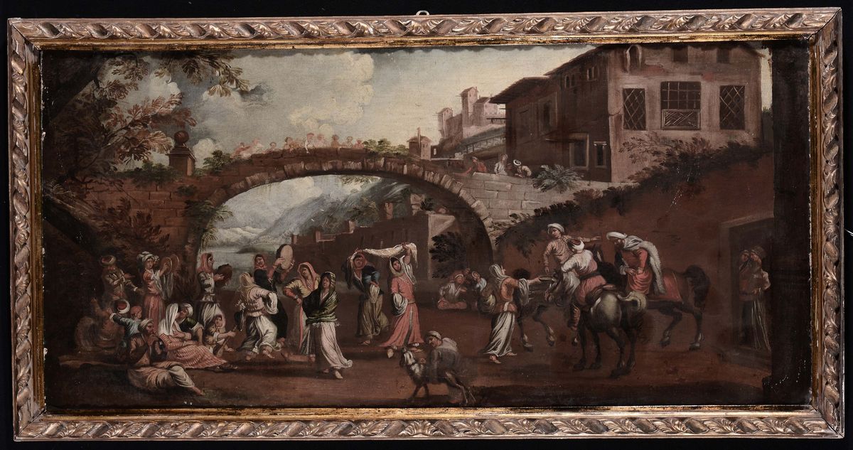 Scuola del XVIII Secoloscene di Genere con Ponte e Processione con Figure