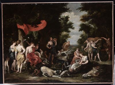 Scuola Fiamminga del XVII Secolodiana con Figure ed Animali