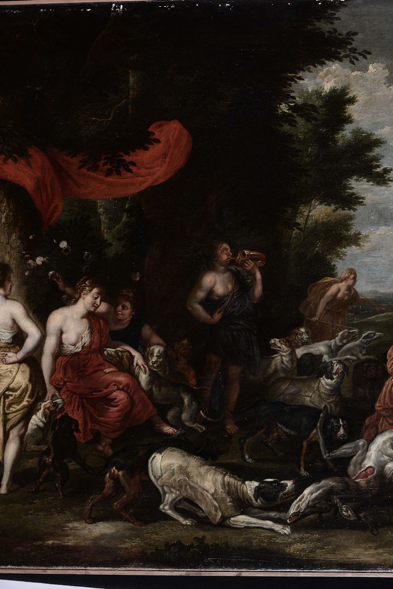 Scuola Fiamminga del XVII Secolodiana con Figure ed Animali
