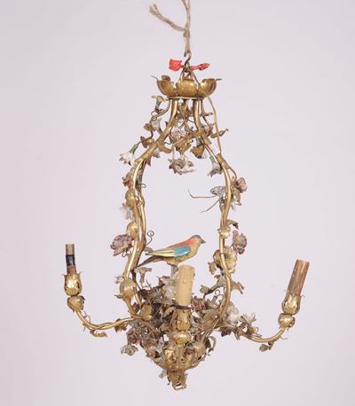 Piccolo Lampadario in Ferro e Porcellana, Inizio XX Secolo