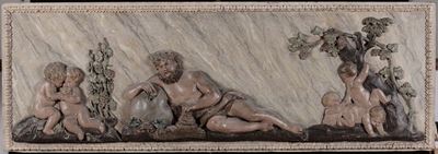 Pannello Bassorilievo in Legno Scolpito Raffigurante Bacco, XVIII Secolo