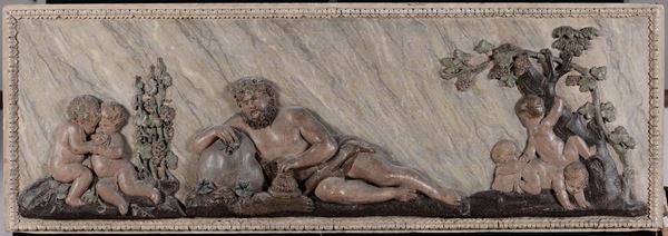 Pannello bassorilievo in legno scolpito raffigurante Bacco, XVIII secolo