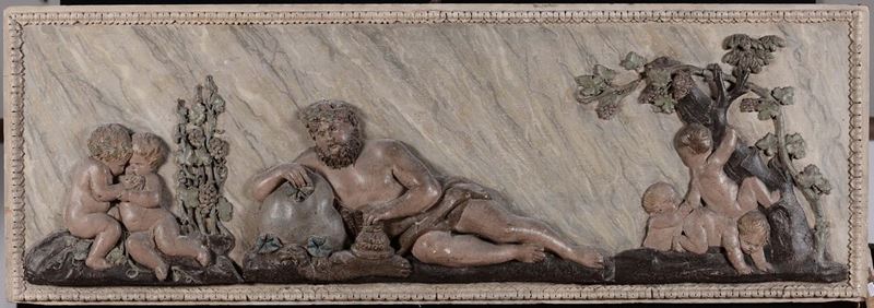 Pannello bassorilievo in legno scolpito raffigurante Bacco, XVIII secolo  - Asta Antiquariato e Dipinti Antichi - Cambi Casa d'Aste