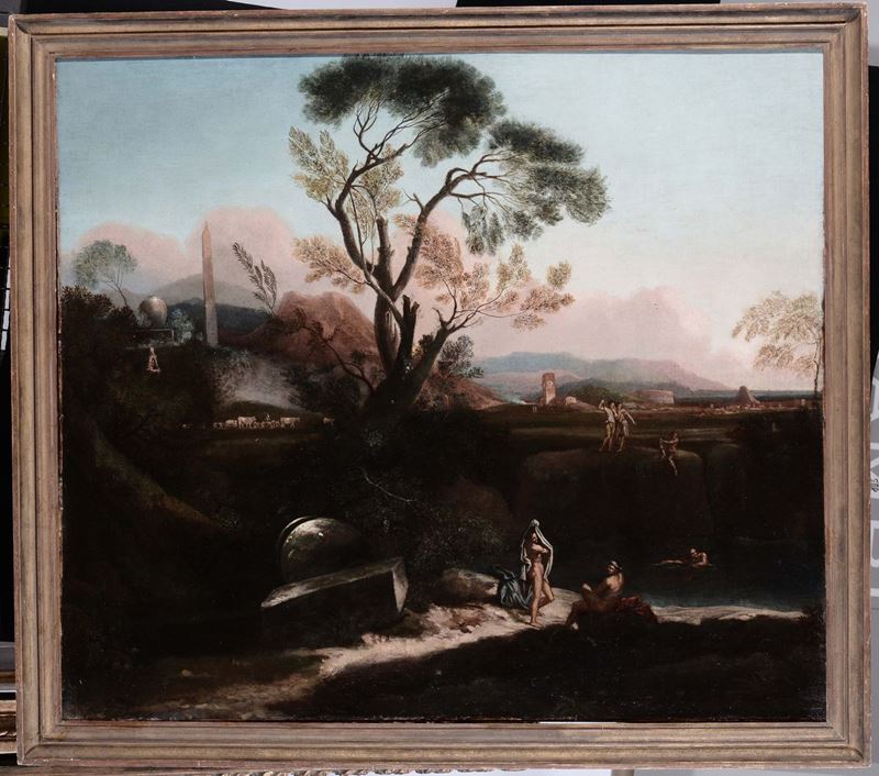 Scuola del XVIII secolo Paesaggio romano con figure  - Asta Antiquariato e Dipinti Antichi - Cambi Casa d'Aste