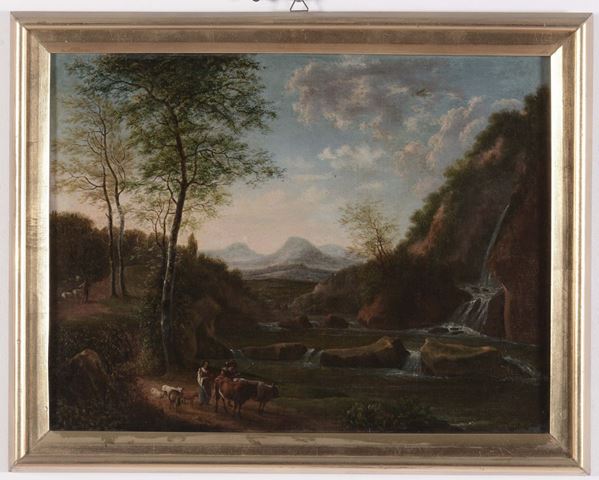 Scuola della fine del XVIII secolo Paesaggio fluviale con contadini