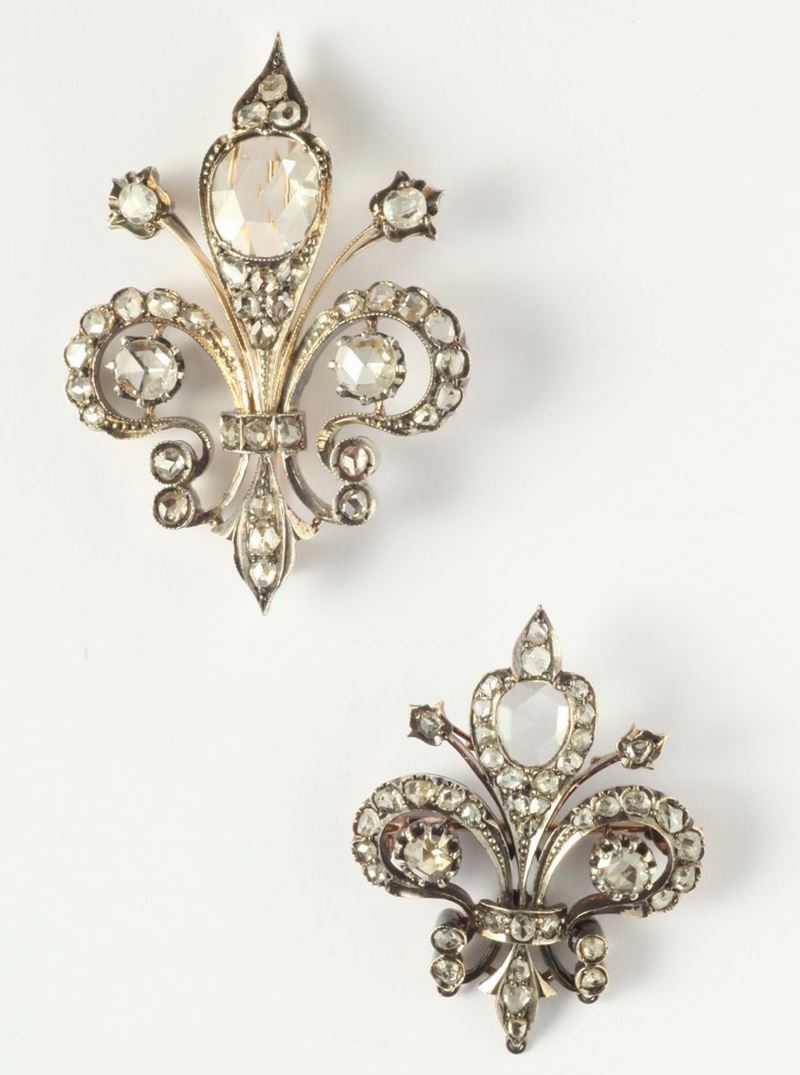 A pair of rose cut diamond brooch, mounted in gold and silver. Circa 1900  - Auction Fine Jewels - I - Cambi Casa d'Aste
