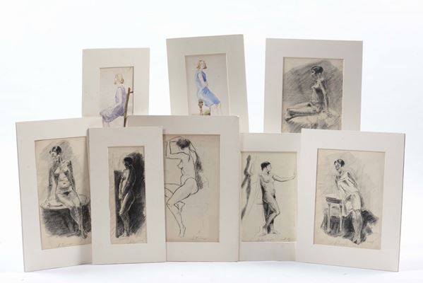 Lotto di otto disegni con figure femminili, anni '20