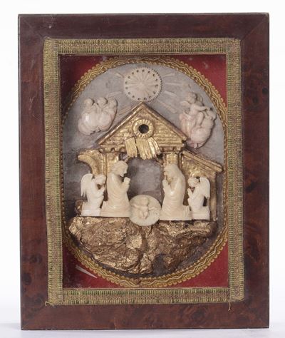 Piccola Bacheca Contenente Scena del Presepio in Avorio, Sicilia XIX Secolo