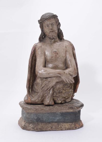 Piccola Scultura in Legno Policromo Raffigurante Ecce Homo, Napoli XVII Secolo