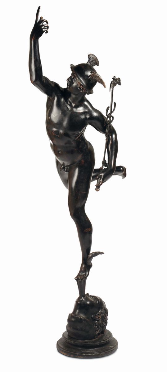 Grande Mercurio alato in bronzo fuso e patinato, fonditore italiano o francese del XIX secolo