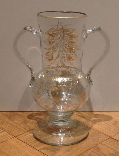 Vaso in Vetro Soffiato a Due Manici con Decoro in Oro