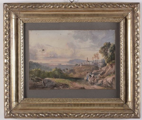 Scuola di Posillipo del XIX secolo Paesaggio costiero con personaggi