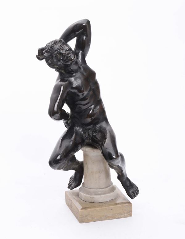 A molten and chiselled bronze sculpture representing a mythological figure on a white marble base, art of the 18th century