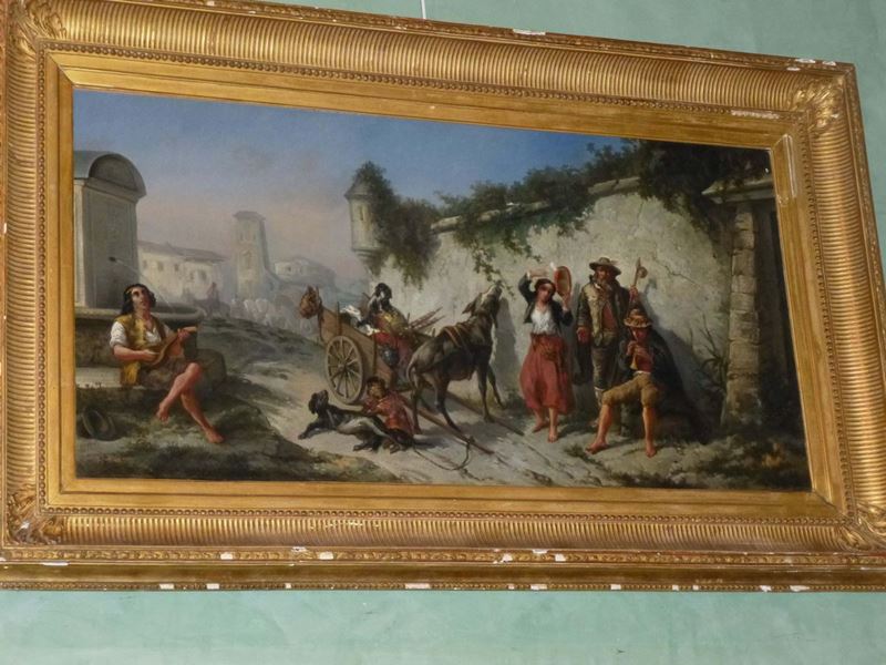 Nicola Palizzi (1820-1870), attribuito a Carro con personaggi e animali  - Asta Antiquariato e Dipinti Antichi - Cambi Casa d'Aste