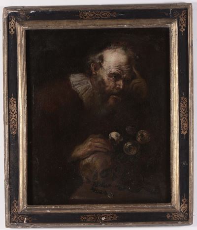 Scuola del XVII Secoloanziano con Memento Mori e Fiori