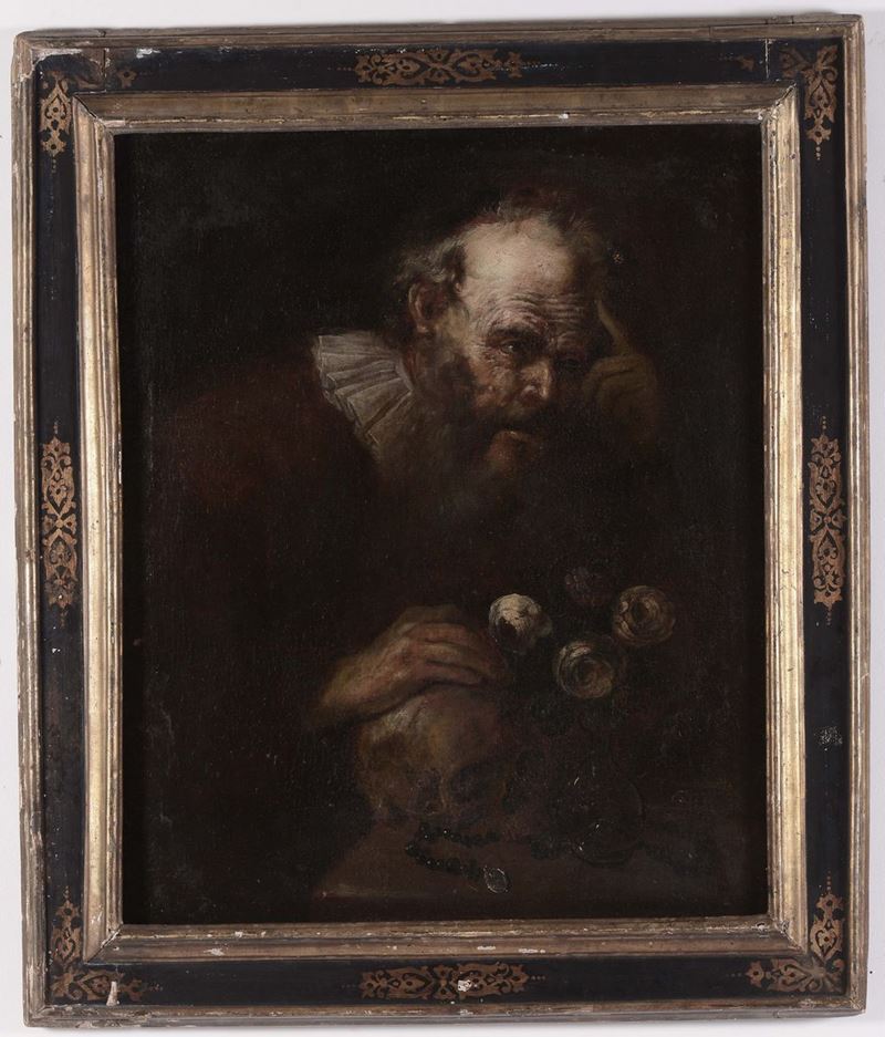 Scuola del XVII secolo Anziano con memento mori e fiori  - Asta Antiquariato e Dipinti Antichi - Cambi Casa d'Aste