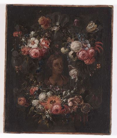 Scuola del XVII Secolonatura Morta con Busto di Personaggio Entro Ghirlanda di Fiori