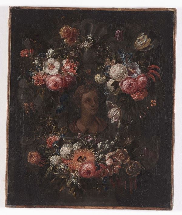 Scuola del XVII secolo Natura morta con busto di personaggio entro ghirlanda di fiori