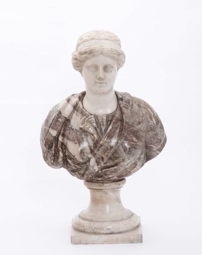 Scultura in Marmo Bianco e Breccia Raffigurante Busto Femminile, XIX-XX Secolo