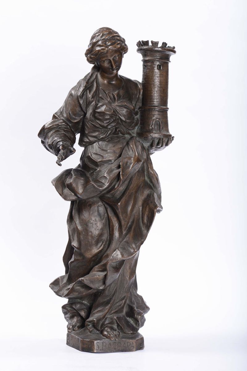 Santa Barbara in bronzo fuso e cesellato, scultore attivo a Roma o Genova nella seconda metà del XVII secolo, ambito di Pierre Puget (Marsiglia 1620-1694)  - Asta Scultura e Oggetti d'Arte - Cambi Casa d'Aste