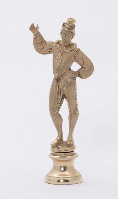 Sculturina in Bronzo Dorato con Personaggio in Maschera, XX Secolo